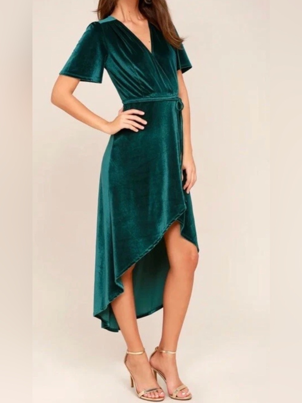Lulu’s Amour Teal Green Velvet Wrap High-Low Dress Small